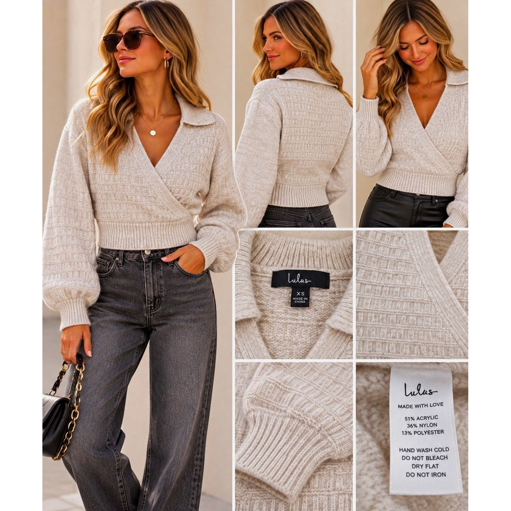 Cropped Wrap Sweater Women XS Cream Lulus Collared Balloon Sleeve Knit Quietlux